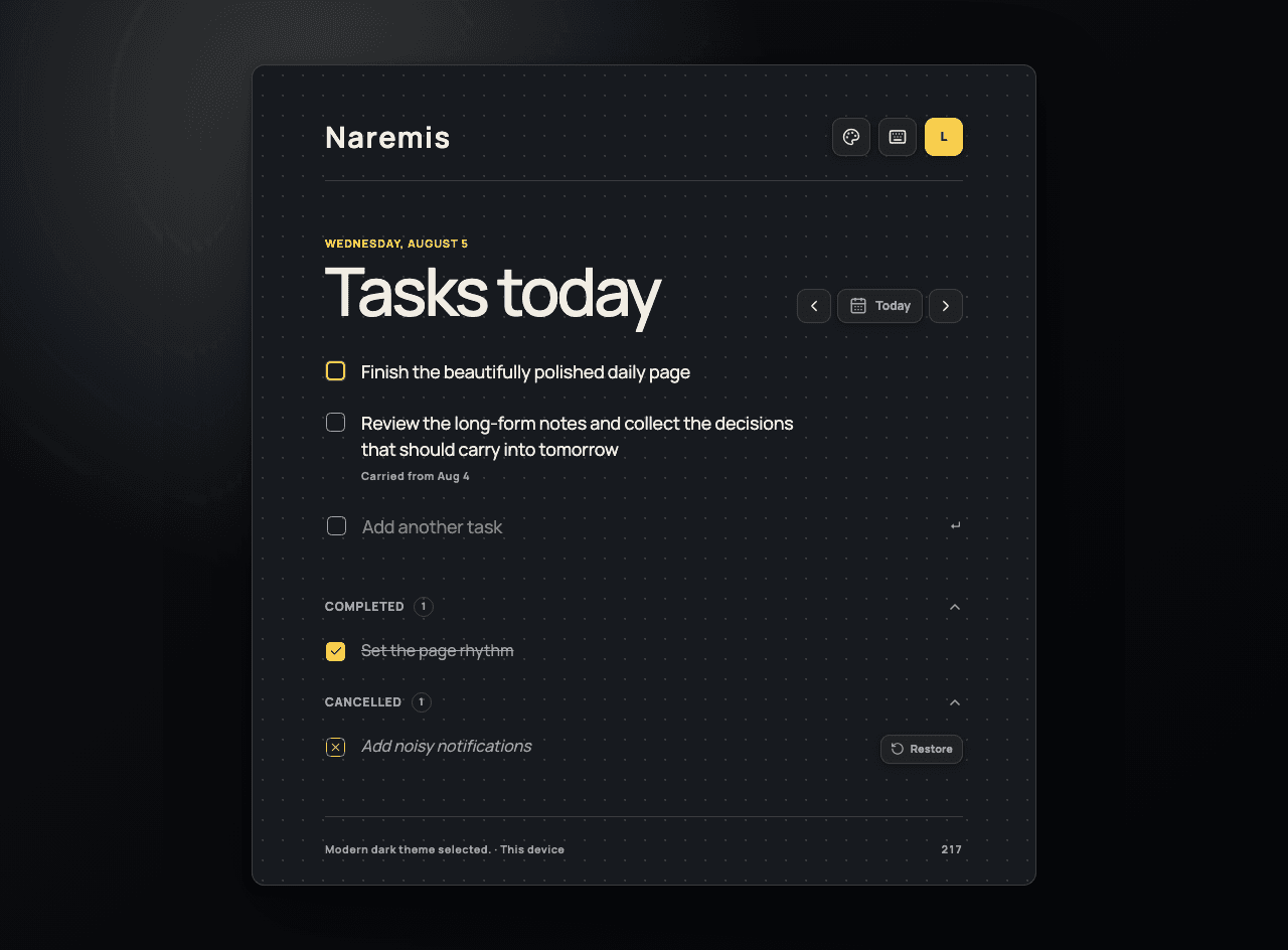 Naremis daily to-do list in the Modern Dark theme