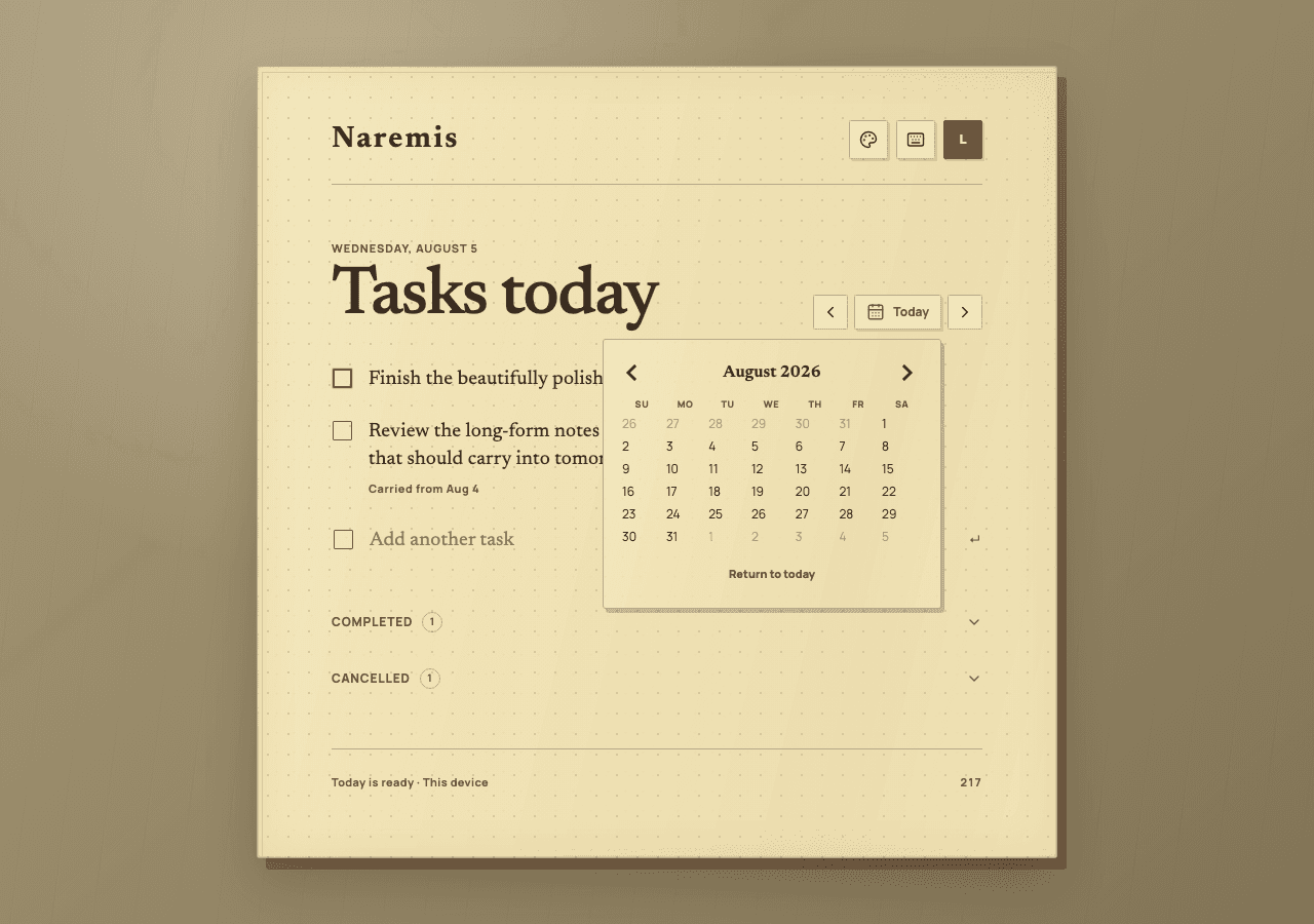 Naremis daily task notebook with its calendar open